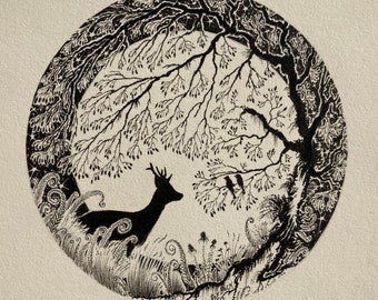 Original unframed Illustration in pen and ink black and white of a roe deer buck with two birds under a tree with full moon wall decor