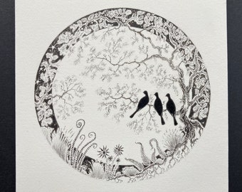 ミニチュア鳩のイラスト：ペンとインクの円形アート、月と星