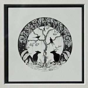Framed Deer & Moon Ink Illustration: Original Oak Framed Art image 2