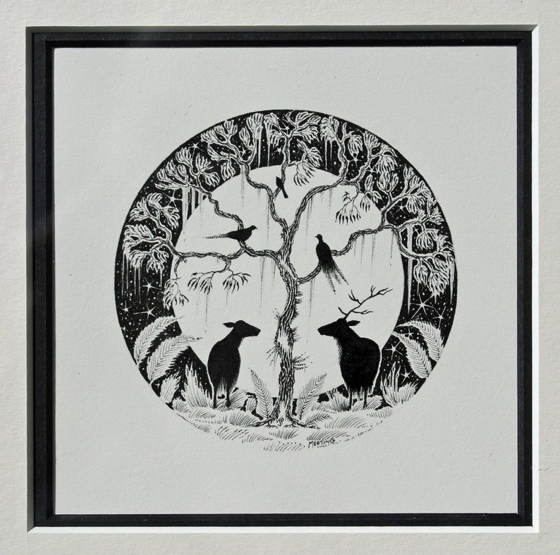 Framed Deer & Moon Ink Illustration: Original Oak Framed Art image 2