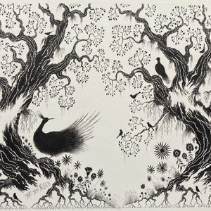 Unique Pen and Ink unframed illustration black and white of birds in a tree with beautiful plants and ferns below wall decor original