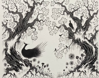 オリジナルのペンとインクの鳥のイラスト：白黒の木のアート