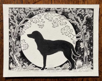 白黒の犬のシルエット画、ユニークなペン＆インクアート