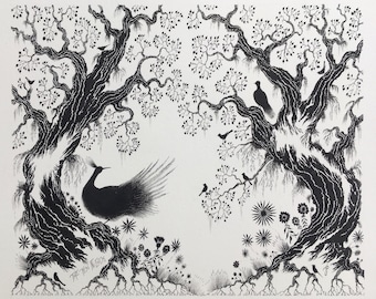 Original Pen and Ink Bird Drawing, Woodland Silhouette Art