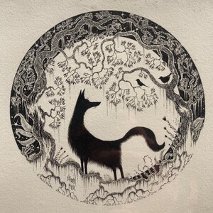 May include: Black and white illustration of a fox standing in a forest with a tree overhead. Two birds are perched on branches. The illustration is in a circle with the artist's signature at the bottom.