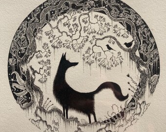 キツネの月のシルエットアート、森の動物のイラスト