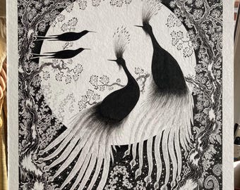 満月の鳥のシルエットアート、ヴィンテージペンとインクのイラスト
