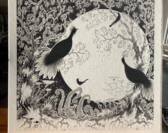 秋の鳥のシルエットの描画、ペンとインクのイラスト