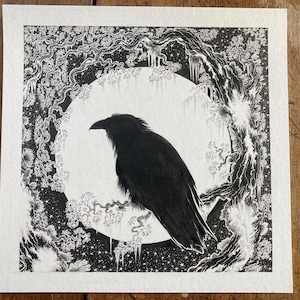May include: A black and white illustration of a raven perched on a branch in front of a full moon. The raven is silhouetted against the moon, and the background is filled with intricate details of trees and branches.
