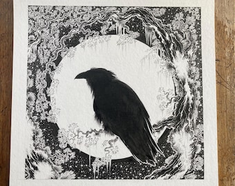 カラスと月のペンとインクの絵、白黒のシルエットアート