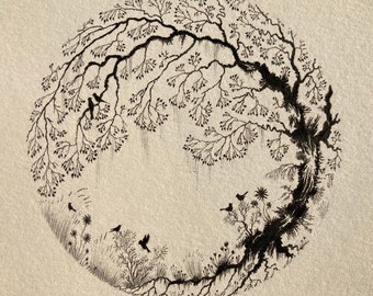 Beautiful unframed pen and ink drawing of a tree with various birds wall art wall decor unique exquisite black and white wall art