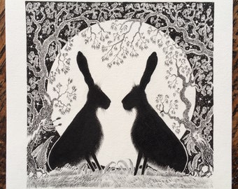 Hare Ink Drawing and silhouette black and white and pen illustration and animal art and unframed drawing and hare with moon and wall art