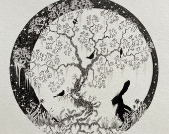 Beautiful unframed illustration drawing in black and white silhouette of a hare and birds under a tree at full moon exquisite wall decor art