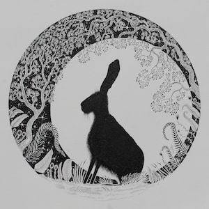 Moongazing Hare and pen and ink Hare drawing and silhouette of hare and hare and moon pic and original ink hare moongazing hare ink wall art