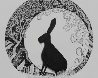 Moongazing Hare and pen and ink Hare drawing and silhouette of hare and hare and moon pic and original ink hare moongazing hare ink wall art