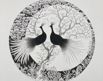 オリジナルの鳥のイラスト：シルエットの木、月、星