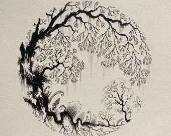 Unframed original unique beautiful fantastic miniature pen and ink drawing illustration of a tree with little birds brilliant wall decor