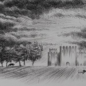 Puede incluir: Un dibujo en blanco y negro a pluma y tinta de un castillo en la distancia con un caballo y ovejas en primer plano. El cielo est&aacute; lleno de nubes.