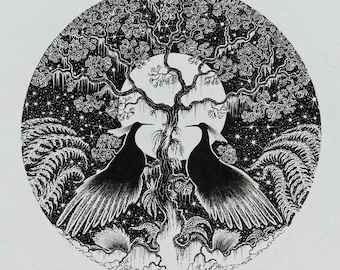 Framed Bird Illustration and original ink illustration of birds with moon and framed original drawing and framed ink black and white pen