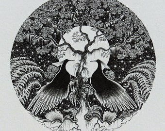 Framed Bird Illustration: Original Ink Drawing, Moonlit Woodland