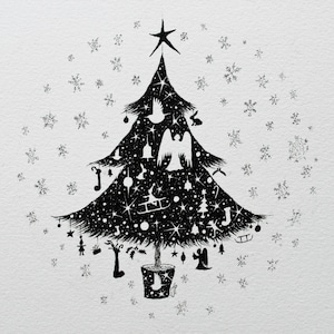 Weihnachtsbaum Bild und signierter und montierter Tannenbaum Zeichnung und Weihnachtskunst und Weihnachten schwarz weiß und Original Weihnachtskunst