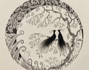 Love Art pair of birds in tree pen and ink silhouette black and white with full moon and tree and plants lovely art wall decor wall picture