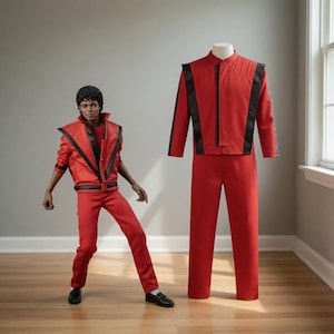 May include: A red outfit, including a jacket and pants, with black accents. The jacket has a high collar and a V-shaped design. The outfit is displayed on a mannequin and a figure, showcasing the iconic style.