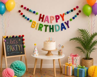 Rainbow Felt Happy Birthday Garland, Stuffed Letter Party Banner, Pom Pom Backdrop