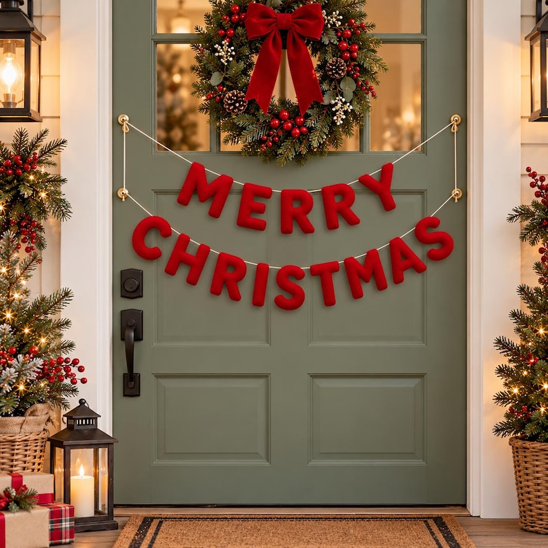 Red Felt Merry Christmas Garland, Handmade Holiday Wall Decor ...