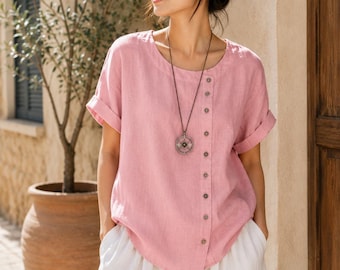Chemisier oversize en lin, chemise boutonnée vintage, haut streetwear bohème minimaliste