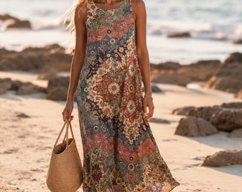 Abito midi floreale boho, prendisole estivo senza maniche con tasche, outfit rustico per le vacanze al mare.