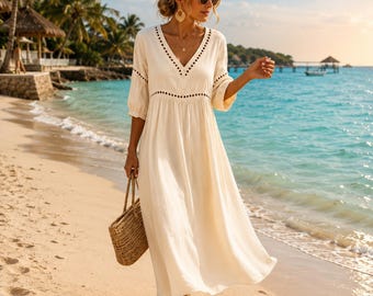Abito midi boho con scollo a V, tunica da donna a trapezio dalla vestibilità ampia, completo da spiaggia con dettagli traforati.