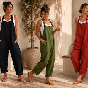 Boho linnen jumpsuit dames loose fit overall wijde pijpen zomer romper met zakken