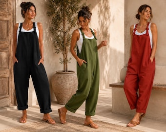 Tuta intera da donna in lino stile boho, vestibilità ampia, gamba larga, estiva, con tasche.