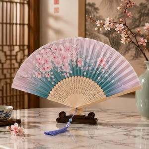 Vintage bamboe-zijde vouwventilator, Japans Chinees kwastaccessoire, boho zomerdecor