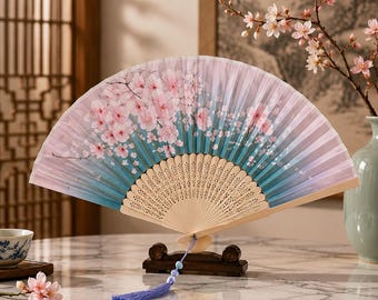 Vintage bamboe-zijde vouwventilator, Japans Chinees kwastaccessoire, boho zomerdecor