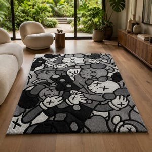 May include: A rectangular area rug featuring a repeating pattern of cartoon-style characters with X-shaped eyes and gloved hands. The design is rendered in a monochromatic palette of black, white, and various shades of gray, creating a dense graphic.