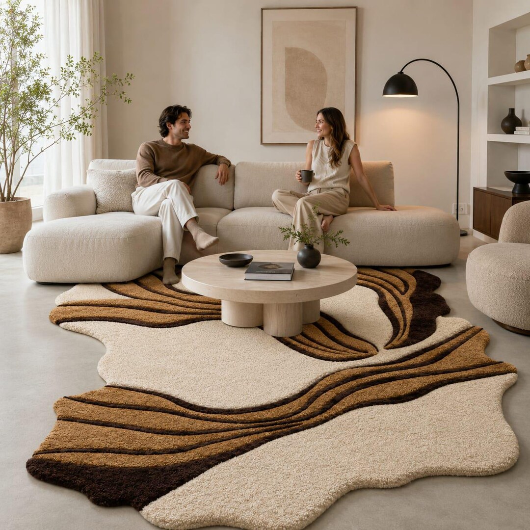 Modern Abstract Wavy Irregular Shape Hand Tufted Wool Rug in 5x8 Feet ...