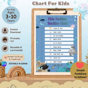 May include: A blue underwater-themed bedtime routine chart for kids on a clipboard. The chart lists tasks like clean up toys, take a bath, brush teeth, and read a book, with checkboxes next to each item and illustrations of sea creatures.