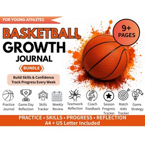 Basketbal Groei Dagboek voor Kinderen | Printbaar Basketbal Training Werkboek | Spelreflectie, Vaardigheden Tracker & Doelplanner | Bewerkbaar Canvas PDF