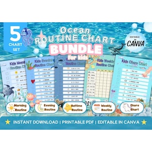 Ocean Routine Chart Bundle for Kids | Editable Canva Template | Morning Evening Bedtime Weekly Chore Chart | Printable Visual Schedule PDF
