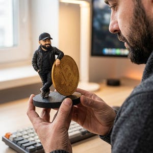 Puede incluir: Una figura personalizada de una persona con barba que lleva una gorra negra, chaqueta negra y pantalones oscuros, apoyada contra una ficha de Bitcoin grande, circular y de color dorado sobre una base redonda, negra y texturizada.