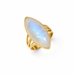 Handgemaakte marquise regenboogmaansteenring in 925 sterlingzilver, blauwe flitsinstructiering, boho-maansteensieraden cadeau voor haar
