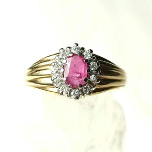 Ruby Cluster Ring – Vintage 585er Gold, Natürlicher Rubin & Diamanten (1960er–70er Jahre)