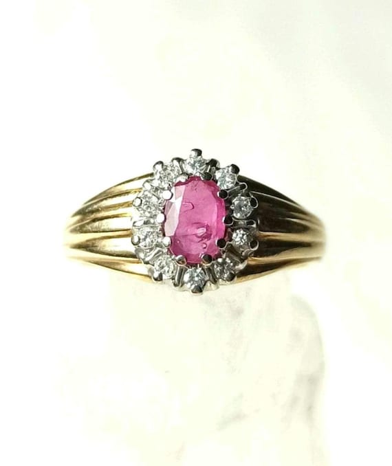 Ruby Cluster Ring – Vintage 585 Gold, Natural Rub… - image 1