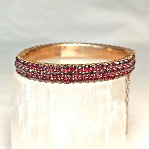 Antique Bohemian Garnet Bangle Bracelet, Victorian Gilt Tombac, Rose-Cut Pyrope Garnets