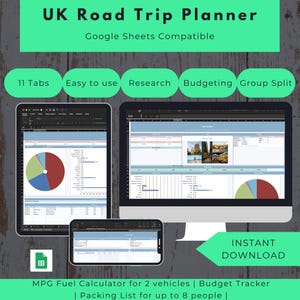 Op de afbeelding: Digitale UK Road Trip Planner, compatibel met Google Sheets. De afbeelding toont een tablet, telefoon en computerscherm met de interface van de planner. Functies zijn onder meer 11 tabbladen, eenvoudig gebruik, onderzoek, budgettering en groepsverdeling.