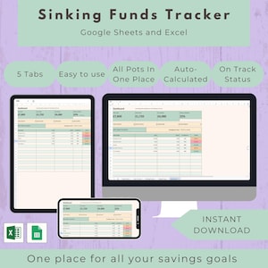 May include: A digital Sinking Funds Tracker for Google Sheets and Excel displayed on a computer monitor, tablet, and smartphone. The interface features a dashboard with financial data, tables, and progress bars in shades of green and beige.