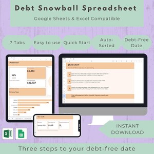 Op de afbeelding: Een digitaal schuldenvrij spreadsheet voor Google Sheets en Excel met een dashboard, snelstartgids en resultatenoverzicht op een computermonitor, tablet en smartphone. De interface bevat perzikkleurige vakken op een lichte achtergrond.