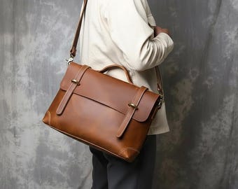 Vintage Full Grain Leather Briefcase for Men | Crazy Horse Cowhide Messenger Bag | 13 15 Inch Laptop Satchel | Handmade Office Work Bag Gift